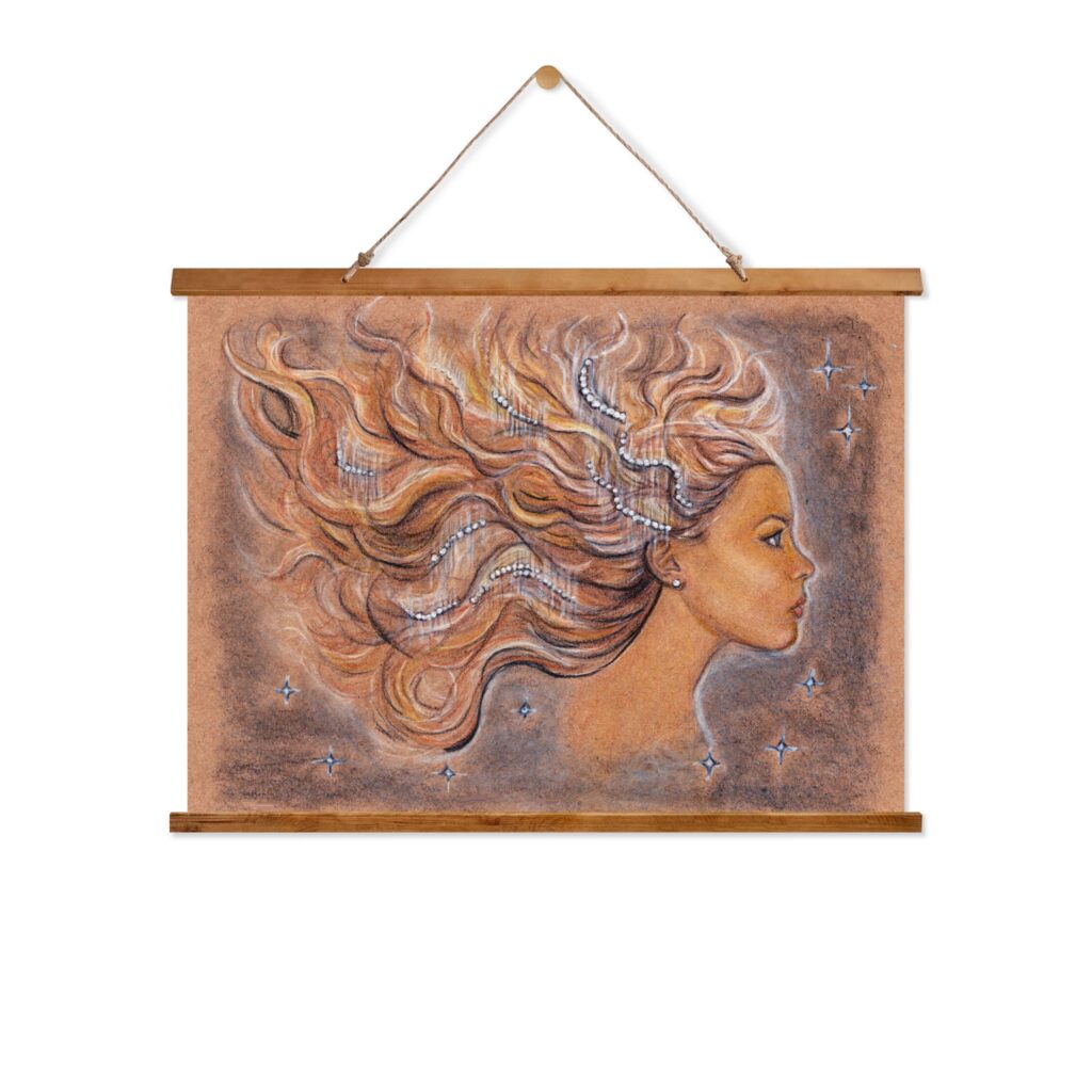 Wood Topped Wall Tapestry – Shimmering Pearl Hair in the Night Wind