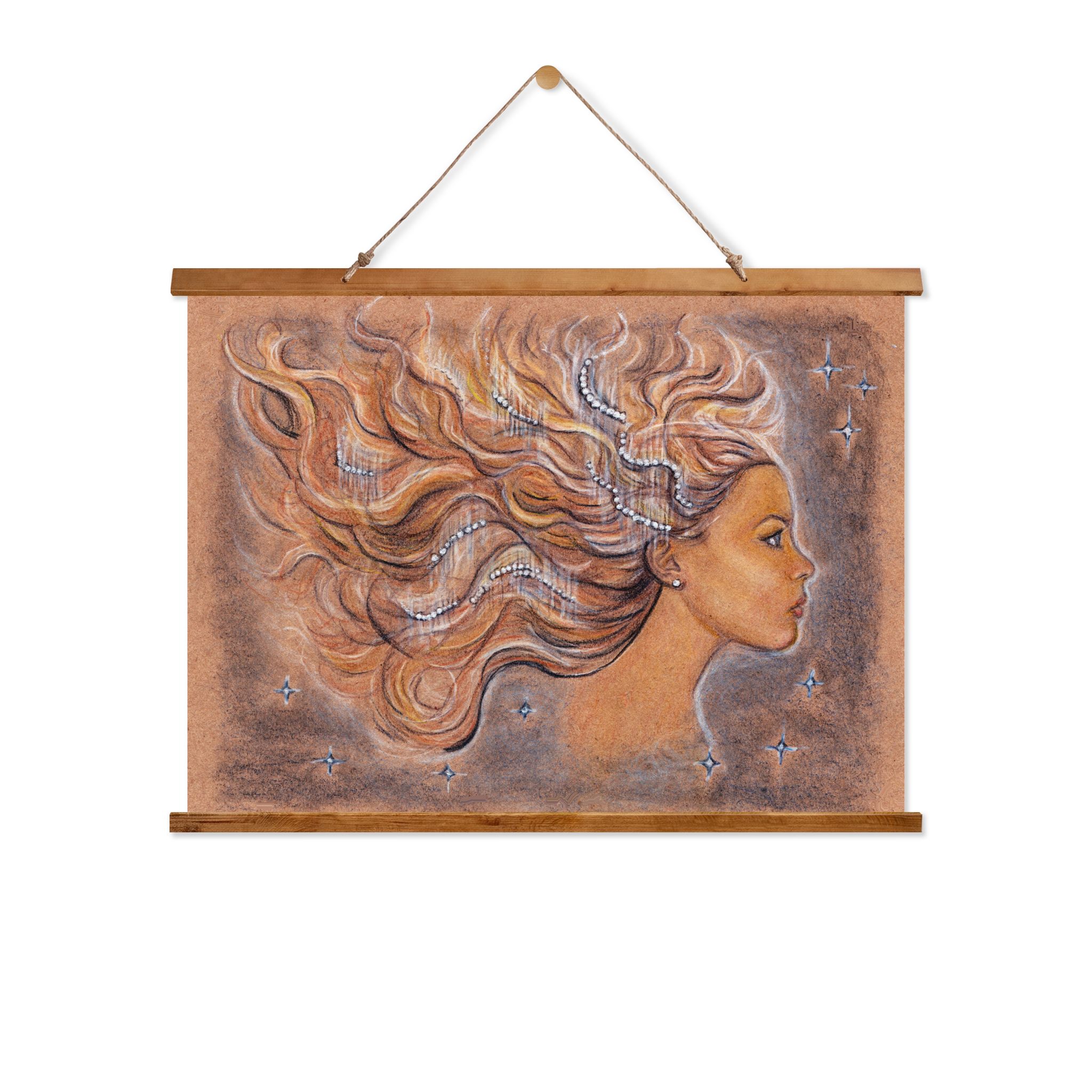 Wood Topped Wall Tapestry – Shimmering Pearl Hair in the Night Wind